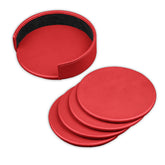 Red Leatherette 4 Round Coaster Set w/ Holder